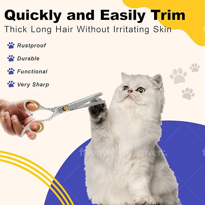 8.5'' Professional Thinning Grooming Scissors for Cats and Dogs, 50-Tooth Blending Shears, Sharp J2 Stainless Steel Blades with Safety Round Tip, Yellow Jeweled Screw, Silver Includes Cleaning Brush.