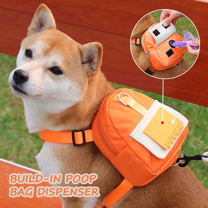 Dog Backpack Harness with Leash,Cute Pet Puppy Backpacks Bulid-in Dog Poop Bag Dispenser,Adjustable Pets Self Carrier Bag for Small Medium Dogs Travel Hiking Daily Walking(S, Orange)