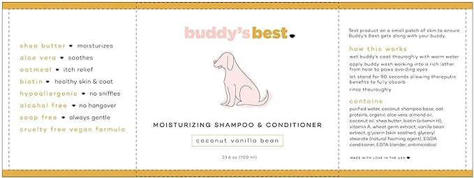 Buddy's Best Dog Shampoo for Smelly Dogs - Dog Shampoo and Conditioner for Dry and Sensitive Skin - Moisturizing Puppy Wash Shampoo, Coconut Vanilla Bean Scent, 16oz