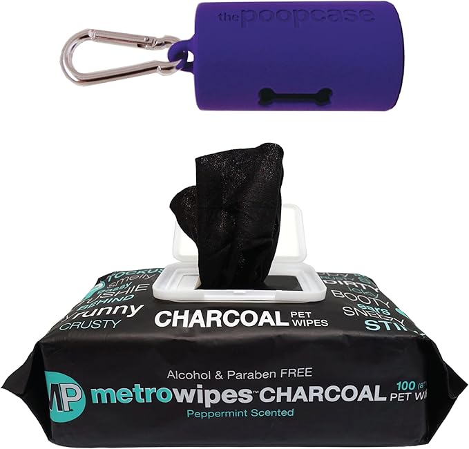 MetroPaws Peppermint Dog Wipes, 100 Extra Large, Thick Cleaning Wipes & The Dog Waste Bag Dispenser & Holder, Bag Holder With 20 Bags for Leash - Purple