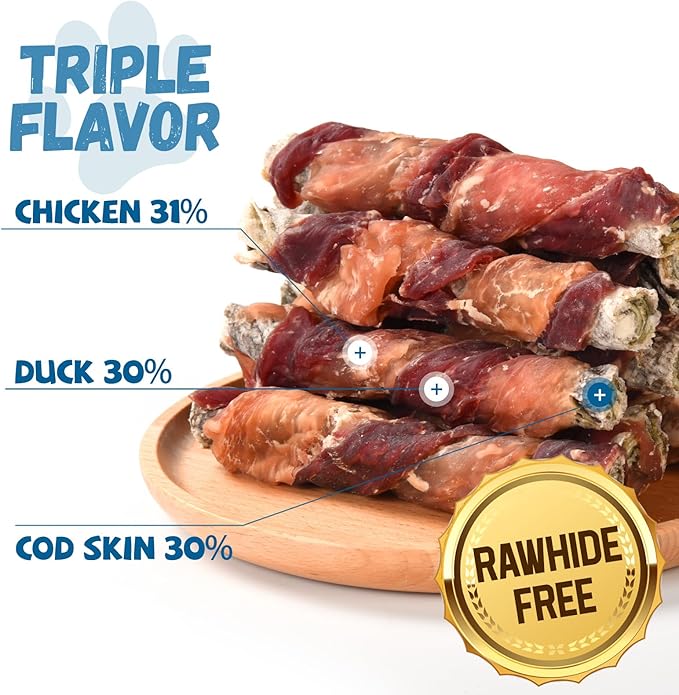 Dog Treats, Chicken Duck Wrapped Cod Skin Sticks Rawhide-Free Grain-Free Dog Chewy Treats for Dog Healthy Teeth and Coat Training Treats for Small Medium Large Dog 9-10 Counts