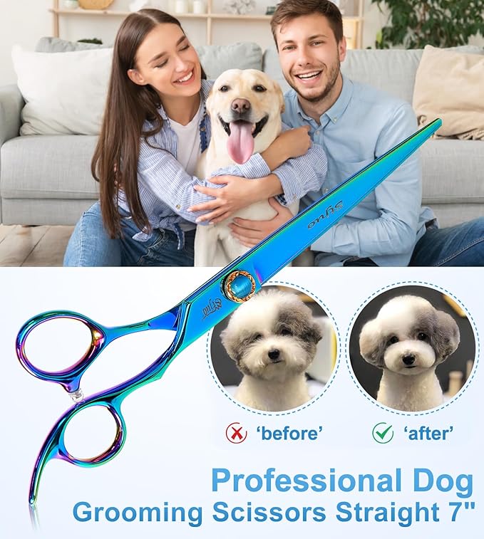 7.5'' Dog Straight Scissors for Grooming 440C Stainless Steel Green Professional Pet Trimming Scissors Sharp Blades Cutting for Dogs and Cats Shears