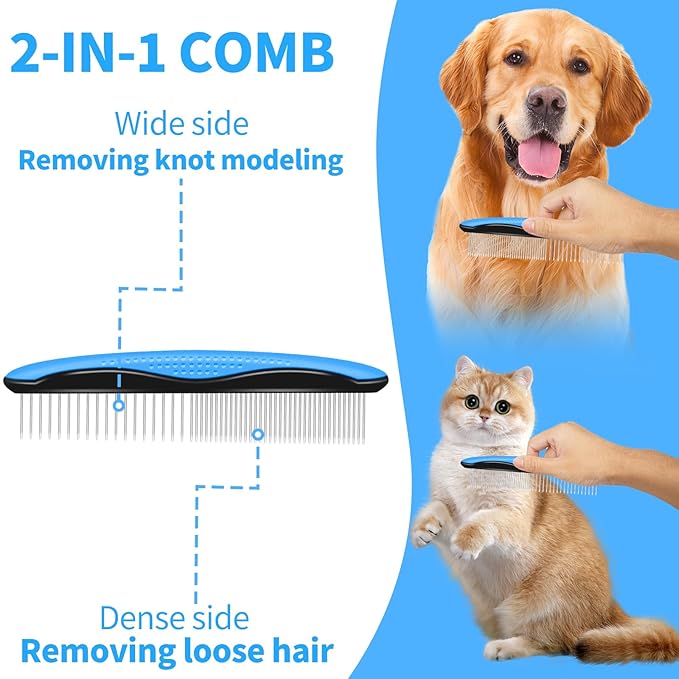 2 in 1 Pet Grooming Comb for Cats and Dogs – Stainless Steel Teeth and TPR Design for Detangling, Deshedding, and Dematting, Ideal for Long and Short Hair Pets