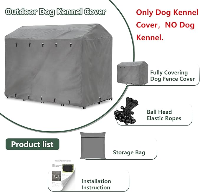 Outdoor Dog Kennel Cover Full Coverage Windproof Anti-UV 8'Dx4'Wx6'H.Waterproof Dog Kennel Cover for Multiple Brands of Dog Kennels,Cover Only,Grey.(Patent Pending)