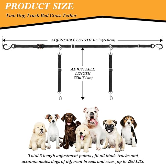 Truck Bed Dog Tether for Two Dogs,Ratchet Tightening Adjustable Double Safety Truck Bed Dog Leash System for Pickup, SUV, Cars & Trucks
