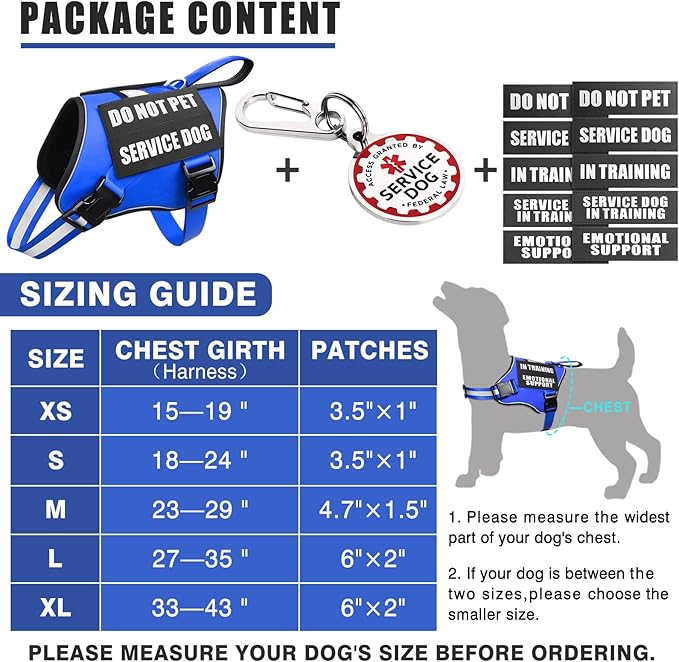 Service Dog Vest Harness+ID Tag+10 Patches,Metal Serivce Dog Tag&Reflective Emotional Support Dog Vest with Handle for Medium Dogs,Easy Put On/Off for Training/Walking/Everyday Blue M