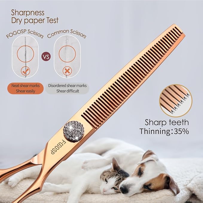 7'' Dog Grooming Scissors Set Rose Gold Titanium 4PCS Curved Thinning Straight Chunkers Shears Kit with White Artificial Diamonds Ergonomic Offset Handle Japan 440C Sharp and Durable