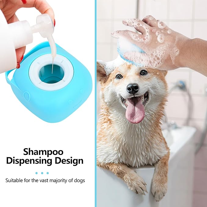 Dog Bath Set - Silicone Massage Brush, Shampoo Dispenser, and Scrubbers for Short & Long Hair Pet Grooming