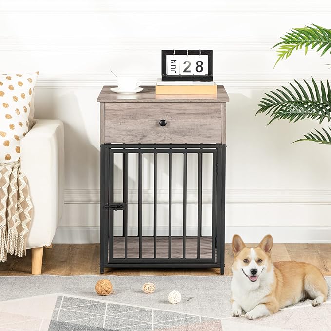 HOOBRO Dog Crate Furniture, Dog Crate Table, Decorative Dog Kennel with Drawer, Indoor Pet Crate End Table for Small Dog, Steel-Tube Dog Cage, Chew-Proof, Greige BG01GW03