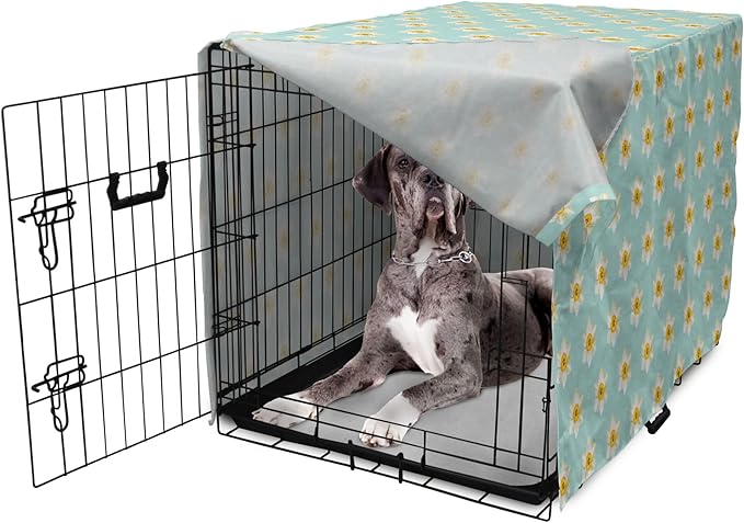 Lunarable Daffodil Dog Crate Cover, Pastel Nature Pattern with Spring Field Theme Narcissus Flower Heads, Easy to Use Pet Kennel Cover for Medium Large Dogs, 48 Inch, Seafoam Cream Yellow