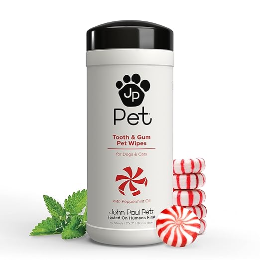 John Paul Pet Tooth & Gum Pet Wipes for Dogs and Cats, 2-in-1, Infused with Peppermint Oil, Safely Cleans Plaque, 45 Count