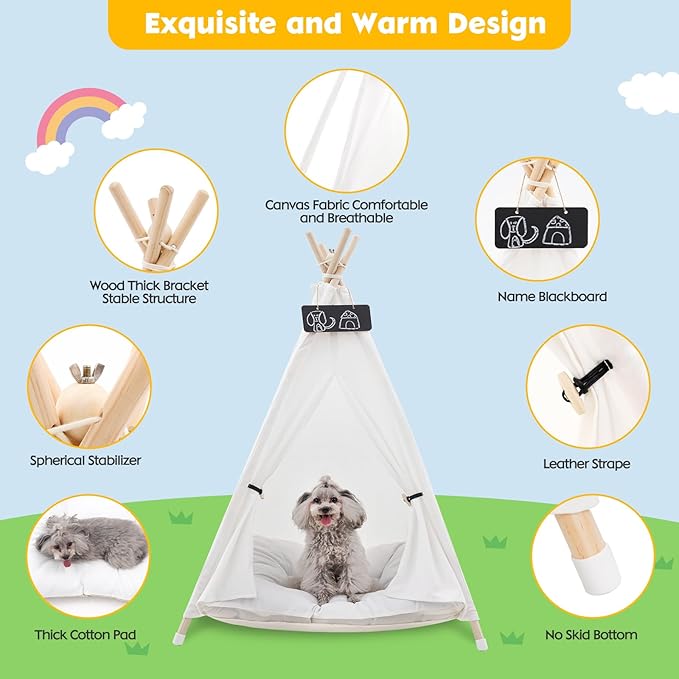 Pet Teepee Tent for Large Dogs with Thick Cushion/Bed, Portable Dog House, Puppy Teepee for Cats Dogs Rabbits (Large Size)