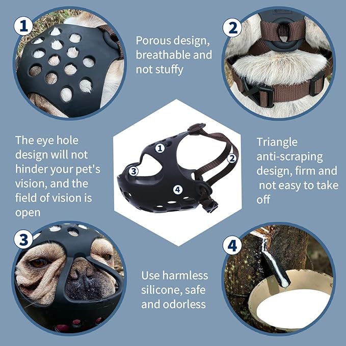 BARKLESS Short Snout Dog Muzzle, Soft Silicone Flat Faced Muzzle for French Bulldog Shih Tzu and Pug for Biting Chewing Licking and Grooming, Allows Panting