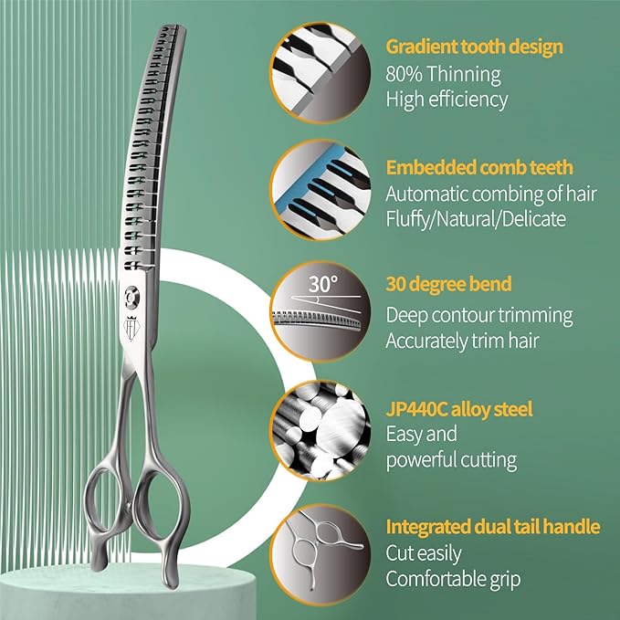 Professional Pet Grooming Scissors, Curved Chunker with Gradient Teeth, JP440C Steel, 80% Thinning Efficiency (7 inch)