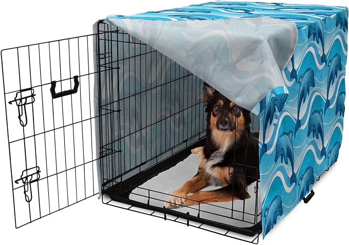 Lunarable Dolphin Dog Crate Cover, Dolphin Illustration Jumping Waves with Large Mammal Friendly Ocean Animal, Easy to Use Pet Kennel Cover for Medium Large Dogs, 36 Inch, Azure Blue White