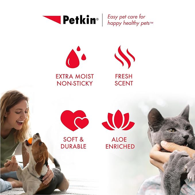 Petkin Pet Wipes for Dogs and Cats, 200 Large Wipes - Removes Dirt & Odor Like Washing Hands - Cleans Ears, Face, Butt, Eye Area - Convenient, Ideal for Home or Travel - 2 Packs of 100 Wipes