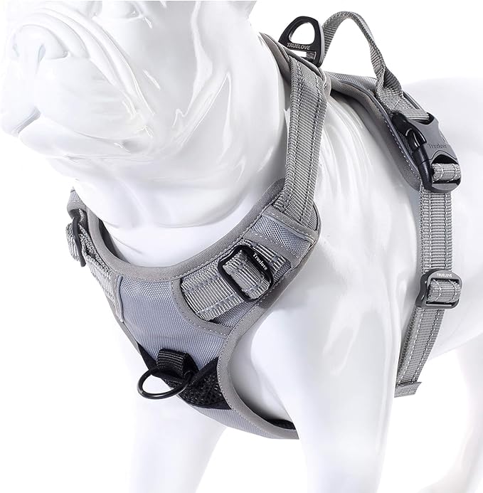 Soft Front Dog Harness .Best Reflective No Pull Harness with Handle and 2 Leash Attachments Gray