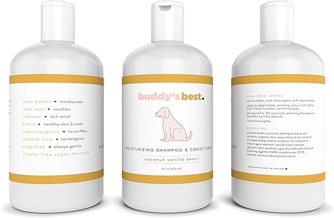 Buddy's Best Dog Shampoo for Smelly Dogs - Dog Shampoo and Conditioner for Dry and Sensitive Skin - Moisturizing Puppy Wash Shampoo, Coconut Vanilla Bean Scent, 16oz