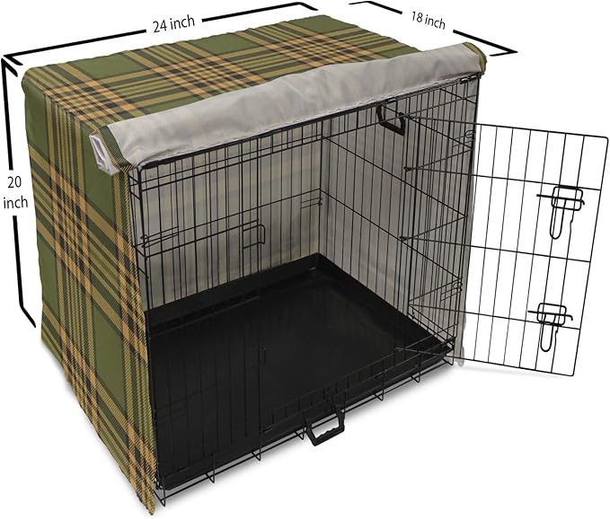 Lunarable Plaid Dog Crate Cover, Tartan Pattern in Autumn Tones Old Fashioned Design Country Illustration, Easy to Use Pet Kennel Cover for Cats & Medium Dogs, 24 Inch, Olive Green Mustard