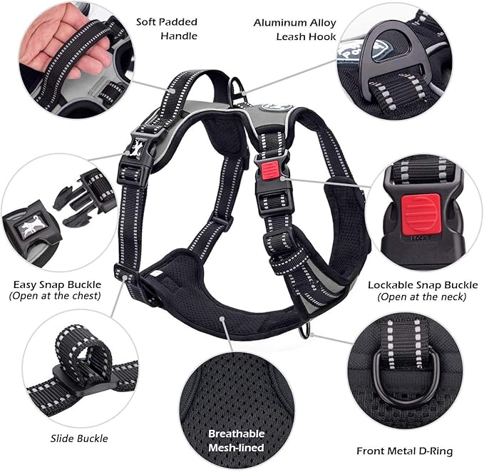 PoyPet No Pull Dog Harness, No Choke Front Lead Dog Reflective Harness, Adjustable Soft Padded Pet Vest with Easy Control Handle for Small to Large Dogs(Grey,XS)