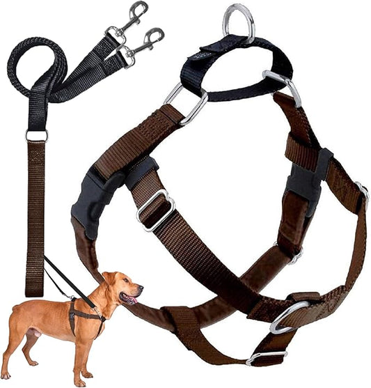 2 Hounds Design Freedom No Pull Dog Harness | Comfortable Control for Easy Walking |Adjustable Dog Harness and Leash Set | Small, Medium & Large Dogs | Made in USA | Solid Colors | 5/8" SM Brown