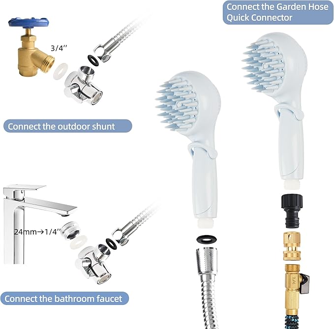 Dog Shower Head with Brush – 3-in-1 Pet Grooming Tool with Shampoo Dispenser & Stainless Steel Hose – Indoor/Outdoor Use – Compatible with ¼” Faucet & ¾” Hose Adapter