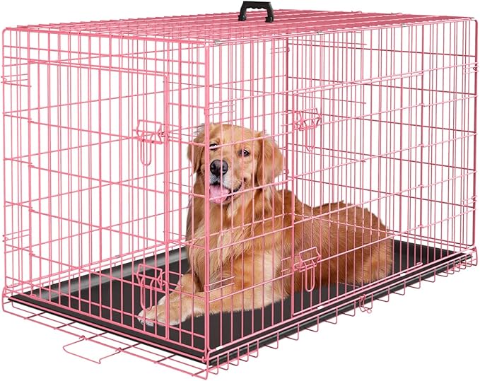 PayLessHere Large Dog Crate Kennel for Medium Large Dogs Metal Dog Cage Double-Door Folding Travel Indoor Outdoor Puppy Playpen with Divider and Handle Plastic Tray (42 Inch, Pink)