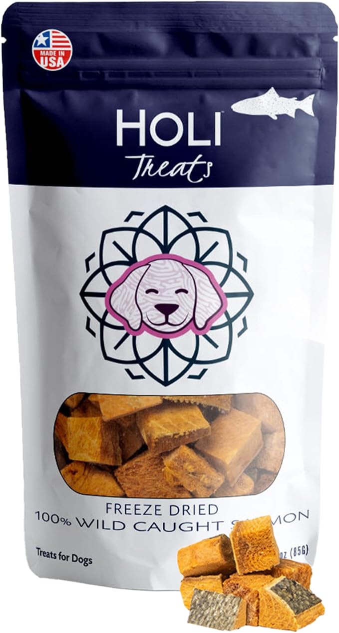HOLI Freeze Dried Salmon Dog Treats - with Omega 3 and 6 Fish Oil - All Natural - Human Grade - Wild Caught Salmon with Skin - Made in USA - Grain Free - Diabetic Friendly