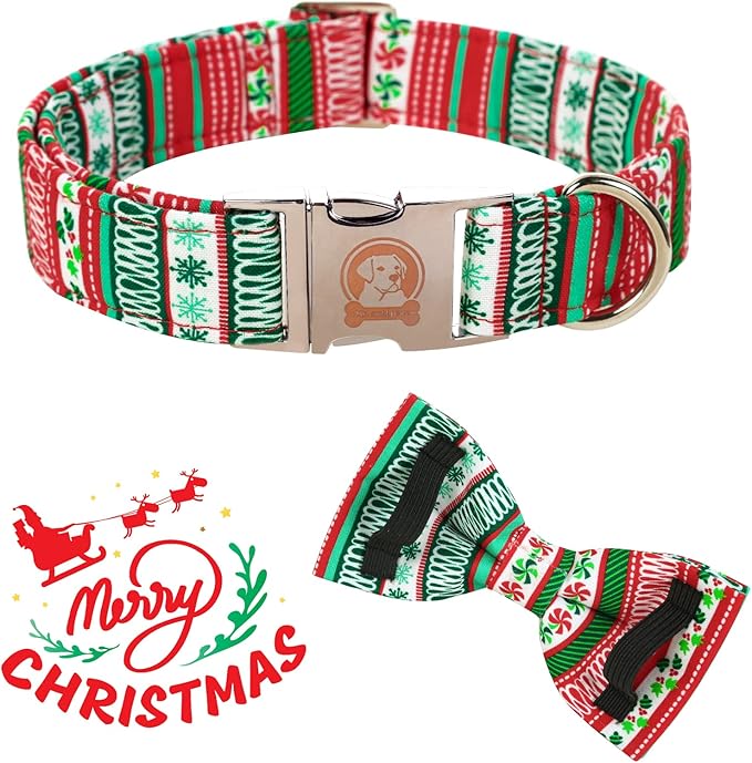 MR. CHUBBYFACE Christmas Plaid Dog Collar for Boy Girl Dogs Adjustable Red Green Dog Collar Bowtie for Small Medium Large Dogs