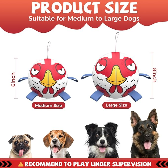 QDAN Premium Dog Balls Toys, Outdoor Dog Toys, Dog Soccer Balls with with Straps, Pet Puppy Birthday Gifts for Small Medium Dogs, 6 Inch, Chicken Ball