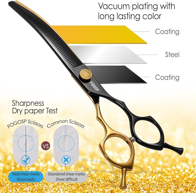 Curved Thinning Shears Dog Grooming 7.5 in Black & Gold Two Color Multipurpose Professional Dog Grooming Scissors for Large Pet 66 Teeth Japan 440C