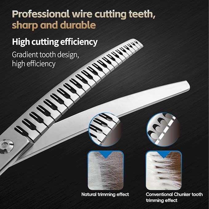 Professional Pet Grooming Scissors, Curved Chunker with Gradient Teeth, JP440C Steel, 80% Thinning Efficiency (7 inch)