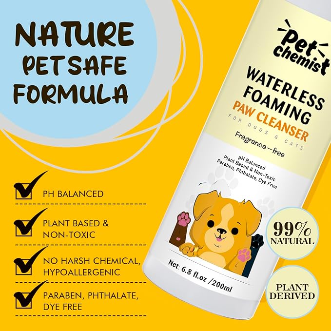 Dog Paw Cleaner 6.8Oz, Waterless Foaming Shampoo Paw Cleanser for Dogs, Cats, Foot Cleaner Brush, with 3 Silicone Brush & 1 Microfiber Absorbent Towel, Gentle, Fragrance-Free