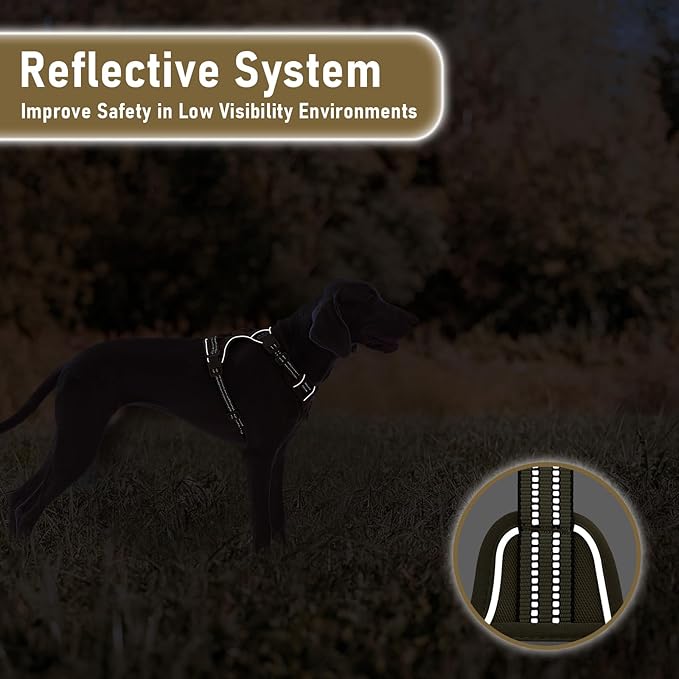 Non Pulling Dog Harness for Medium Dogs, Adjustable Reflective Harness Vest with Handle, for Working Training Hiking Walking, Escape Proof Army Green Pet Vest for M Sized Dog