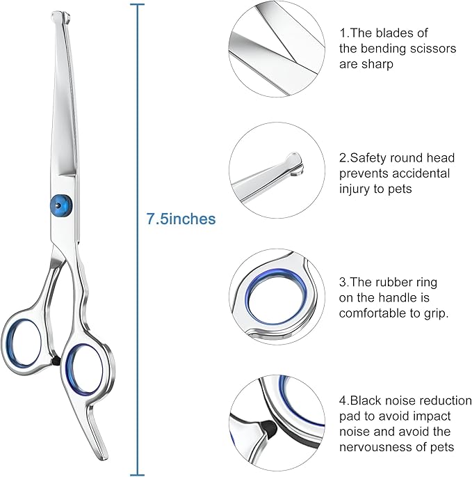 7.5" Curved Dog Grooming Scissors with Safety Round Tips, Light Weight Professional Pet Grooming Shears Stainless Steel for Dogs Cats Pets