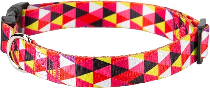 Mile High Life Dog Collar | Cute Puppy Collars | Lightweight Girl Dog Collar | Soft Boy Dog Collars | w Geometric Ocean Wavy Pattern (Red/White Plaid, Medium)