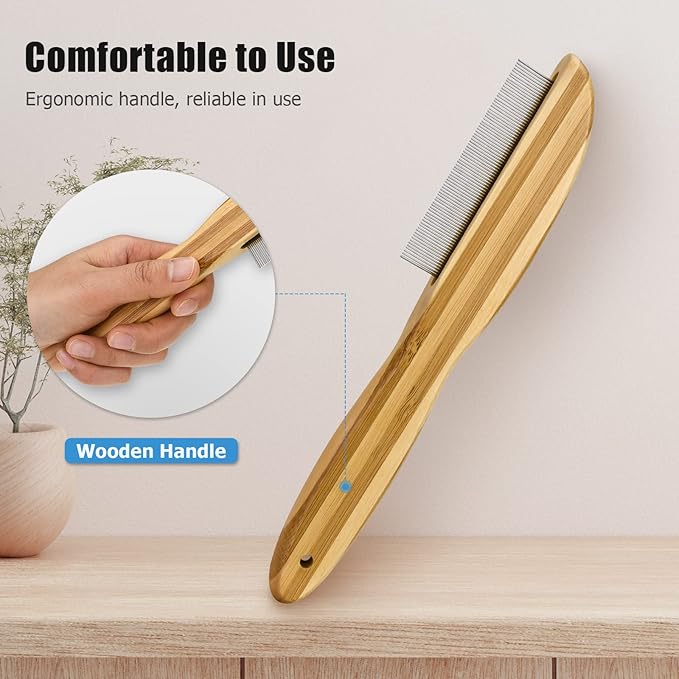 2-Pack Dandruff Comb, Stainless Steel Fine Tooth Comb Wooden Handle Dandruff Remover Flea Lice Comb Multifunction Hair Grooming Brush for Kids Adults Pets Dog