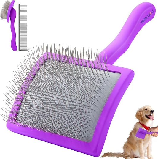 Dog Slicker Brush for Shedding and Grooming Medium or Long Haired Cats, Extra Long & Soft Pin Slicker Brush for Removes Loose Hair, Tangles, Knots, Undercoat, Free Pet Comb, Large Purple