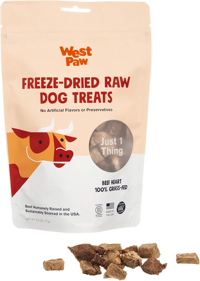 WEST PAW All-Natural Raw Freeze-Dried Dog Treats – Farm-Fresh Beef Heart Training Treats for Dogs with Iron, Folate, B-Vitamins – Wholesome Canine Treat for Puppies, Senior Dogs – 2.5 Oz.