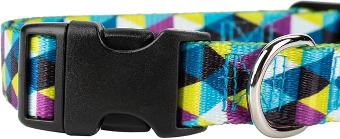 Mile High Life Dog Collar | Cute Puppy Collars | Lightweight Girl Dog Collar | Soft Boy Dog Collars | w Geometric Ocean Wavy Pattern (Blue/White Plaid, Large)