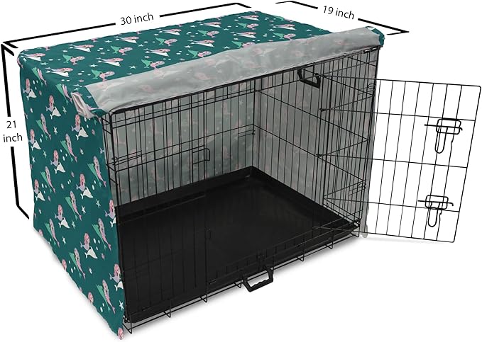 Lunarable Dolphin Dog Crate Cover, Pink Haired Mermaids Swimming with Dolphins Backdrop with Starfish Dots, Easy to Use Pet Kennel Cover for Cats & Medium Dogs, 30 Inch, Jade Green Multicolor