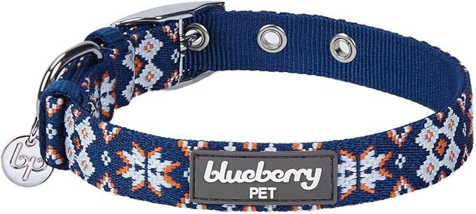 Blueberry Pet 3 Patterns Southwestern Modern Tribal Print Navy Braided Adjustable Dog Collar with Metal Buckle, Neck 13-16.5", for Medium Breed