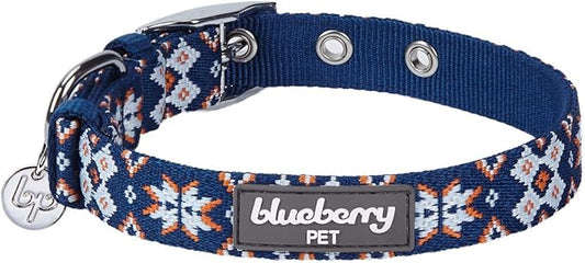 Blueberry Pet 3 Patterns Southwestern Modern Tribal Print Navy Braided Adjustable Dog Collar with Metal Buckle, Neck 13-16.5", for Medium Breed