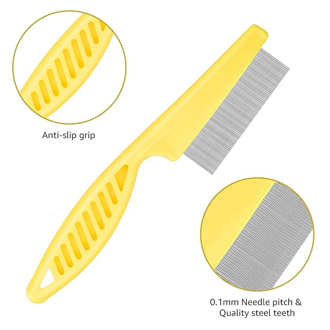 Flea Comb for Cats Dog Comb Lice Comb Metal Teeth Durable Tear Stain Dog Combs Remove Float Hair Combing Tangled Hair Dandruff Pet Comb Grooming Set 3 Pieces Add Storage Pouch (Yellow)