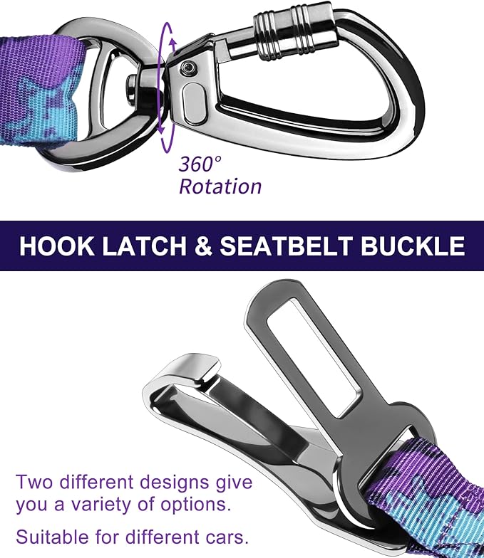 Hotsky Dog Seat Belt, Adjustable Safety Seatbelt 3-in-1 Car Harness for Dogs in Car Nylon Elastic Bungee Buffer Tether with Clip Hook Latch Buckle Swivel Zinc Alloy Carabiner(Purple Camo)