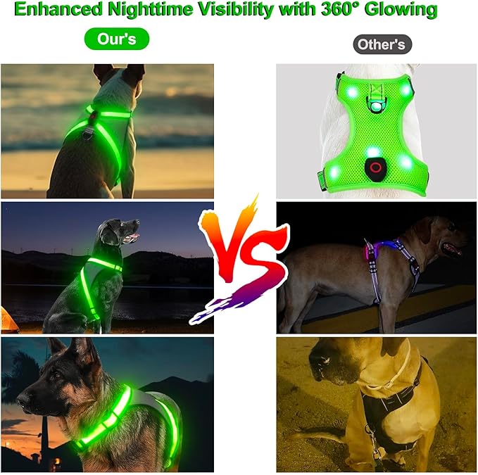 Visinite LED Dog Harness, USB Rechargeable Light Up Dog Harness Vest, 2 Illuminate Modes Glow in The Dark Dog Harness, Adjustable Lighted Dog Harness Light for Night Walking Safety