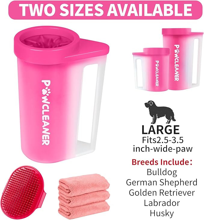Paw Cleaner with Handle, Absorbent Towels & Adjustable Brush for Dogs (Large, Red) - Buddy Muddy Pet Foot Washer
