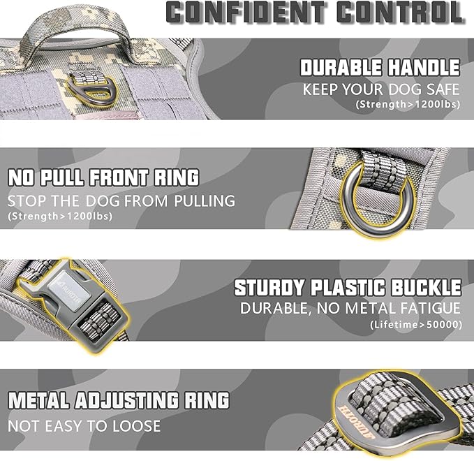 Auroth Tactical Dog Harness for Small Medium Large Dogs No Pull Adjustable Pet Harness Reflective K9 Working Training Easy Control Pet Vest Military Service Dog Harnesses Small Grey Camo