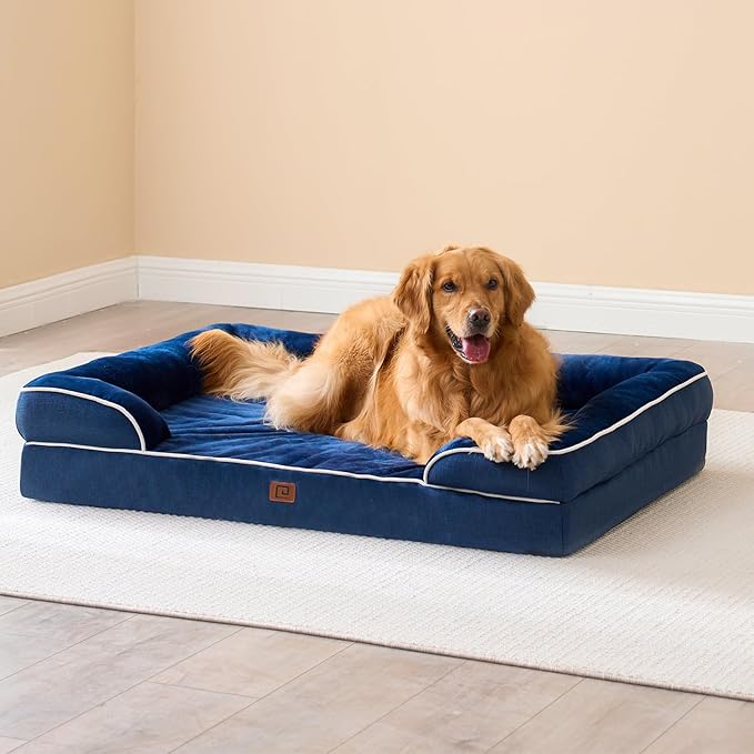 EHEYCIGA Orthopedic Dog Beds for Extra Large Dogs, Waterproof Memory Foam XXL Dog Bed with Sides, Non-Slip Bottom and Egg-Crate Foam Big Dog Couch Bed with Washable Removable Cover, Navy