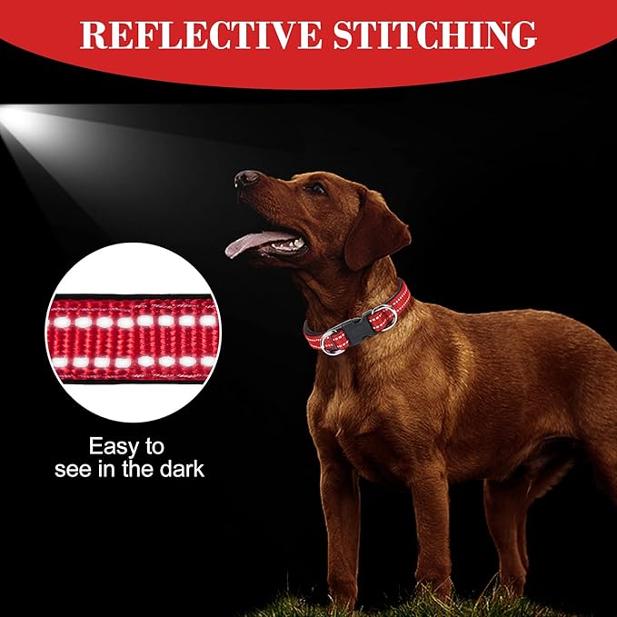 AUAUY Reflective Nylon Dog Collars, Adjustable Classic Pet Collars with Soft Neoprene Padding, Double Security Dual D-Ring and Quick Release Buckle for Small Puppy, Medium and Large Dogs (Red-L)